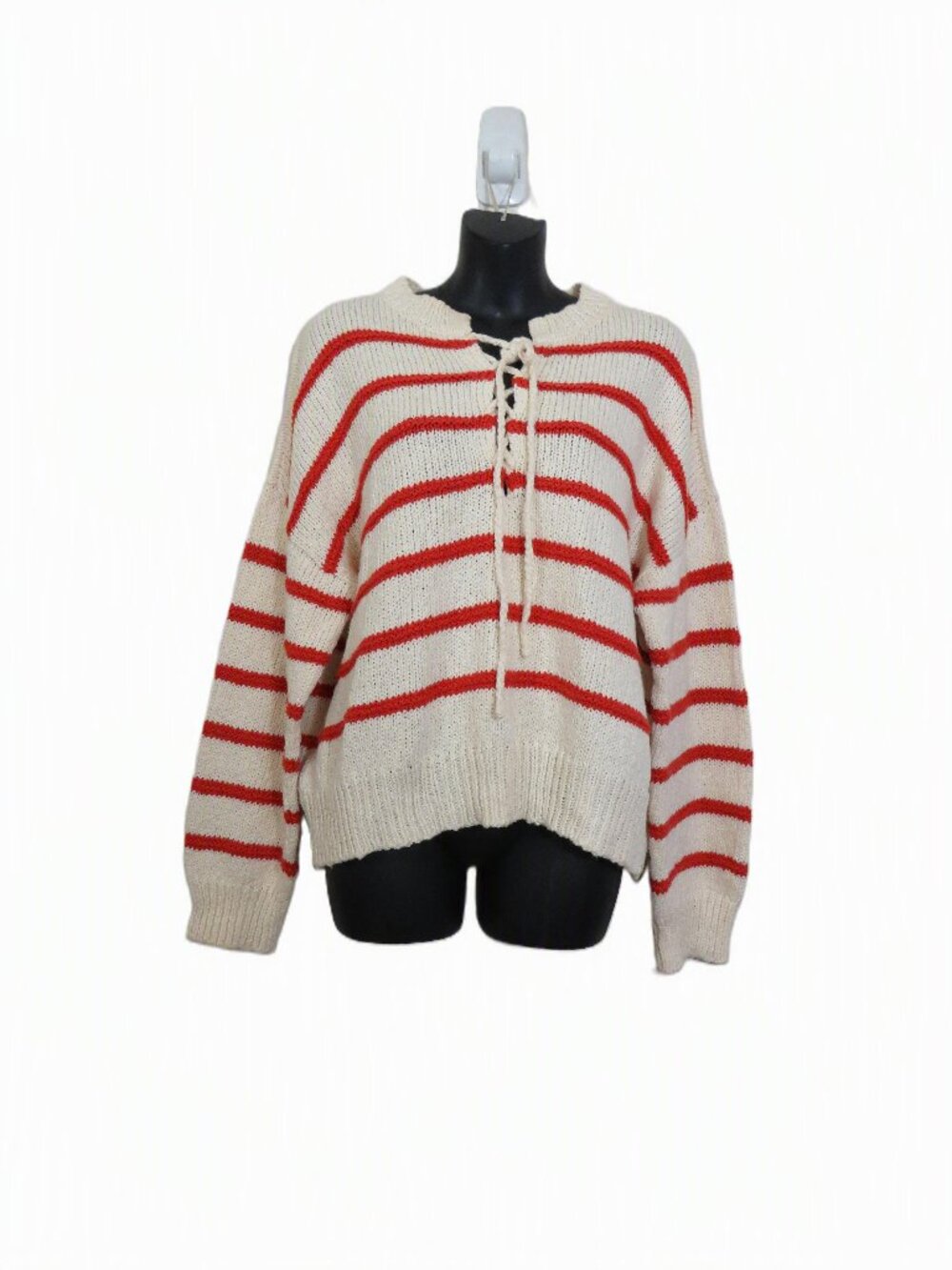 THE GREAT size 2 Medium Ivory Sea Stripe Lace Up Sweater Organic Cotton